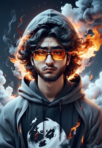 a man in a hoodie with flames on his face