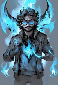 a man with glasses and blue flames