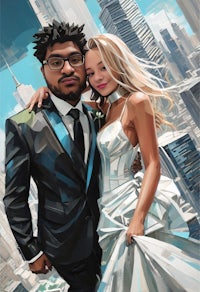 a bride and groom posing in front of a city skyline